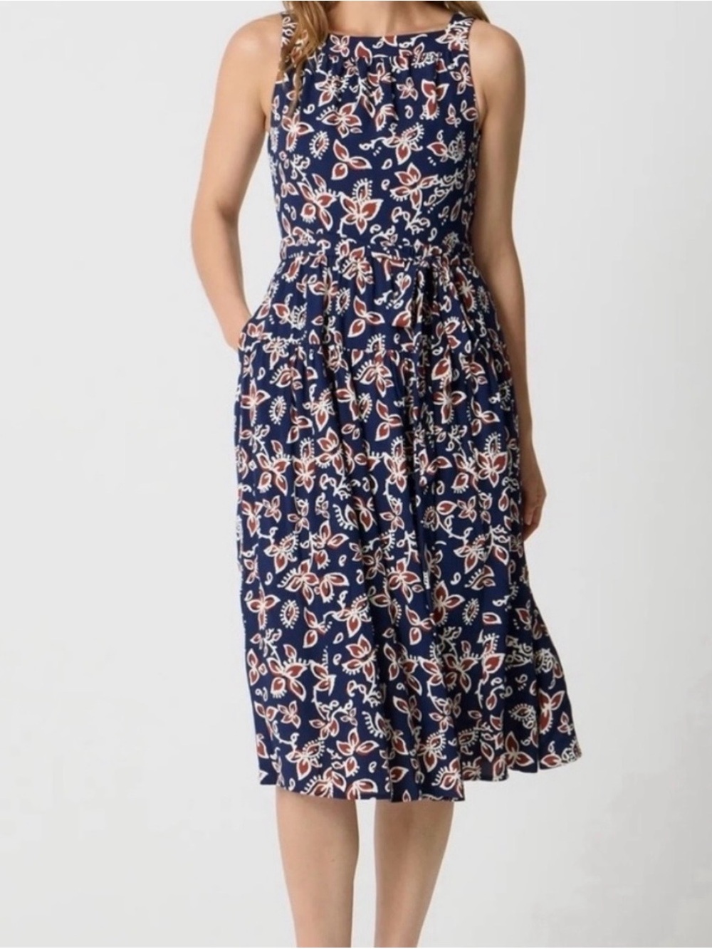 J. Crew Navy Midi Dress with Rust and White Floral Pattern